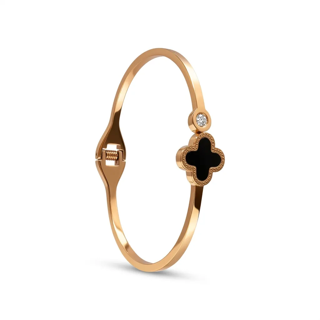 Brazalete Rígido Trébol de Onyx y Oro